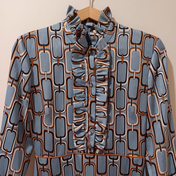 Alexis Cosi Mini Retro Pleated Long Sleeve Dress in Blue Slate Link Print Size S - Picture 4 of 11